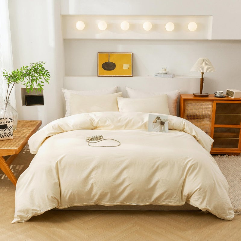 ECOCOTT Duvet Cover King Size - 3 Piece 100% Washed Cotton Bedding Set, Soft & Breathable with Zipper Closure 8 Corner Ties - Comfortable and Stylish for All Seasons (Cream) - Image 1